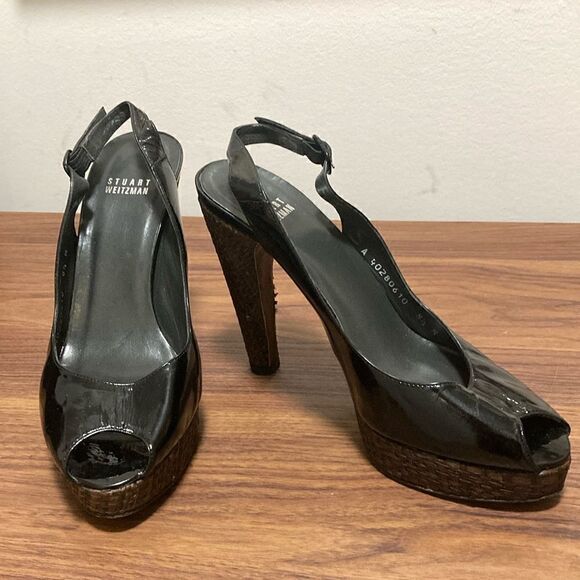 Stuart Weitzman Black Patent  Leather Sling Back Peep Toe Pumps. Size 8.5. - Picture 1 of 9